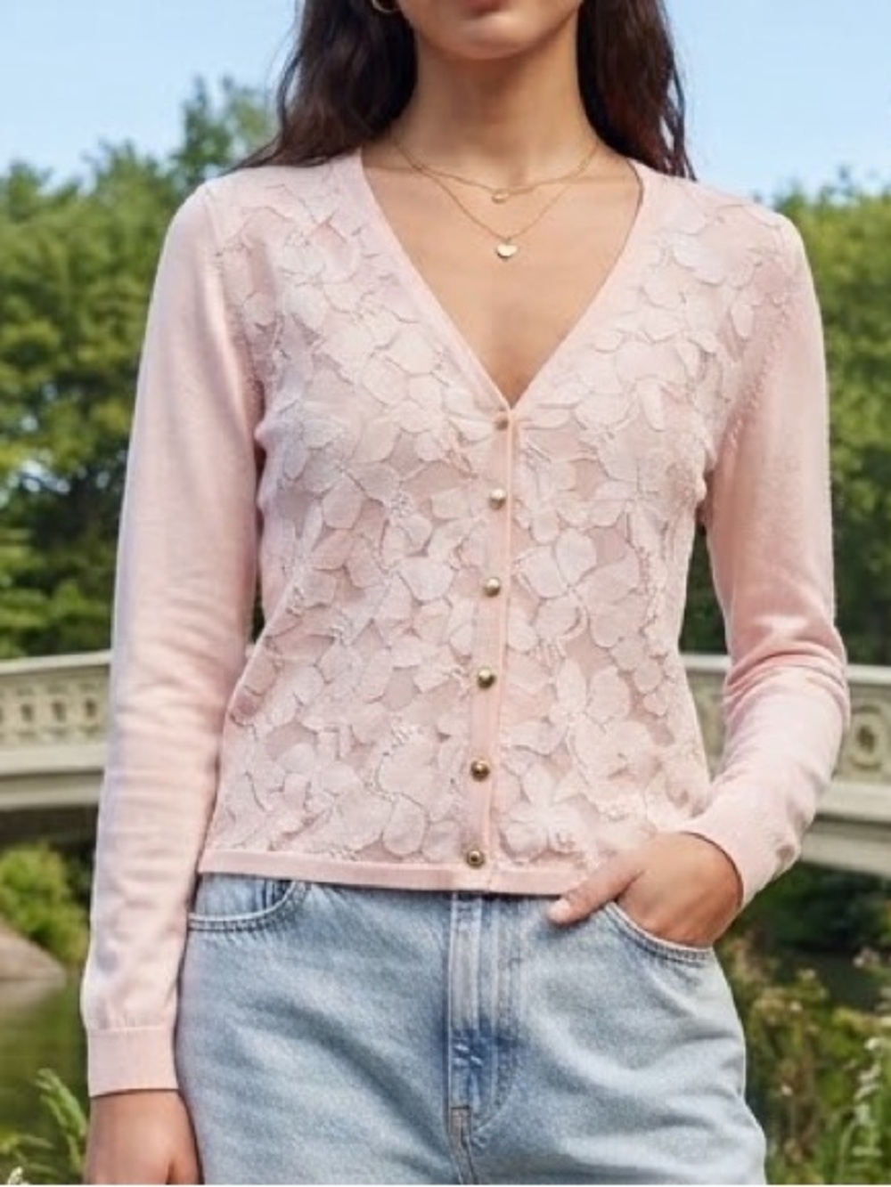 New York & Company Pink Floral Lace Button Down Cardigan Sweater L Minimalist